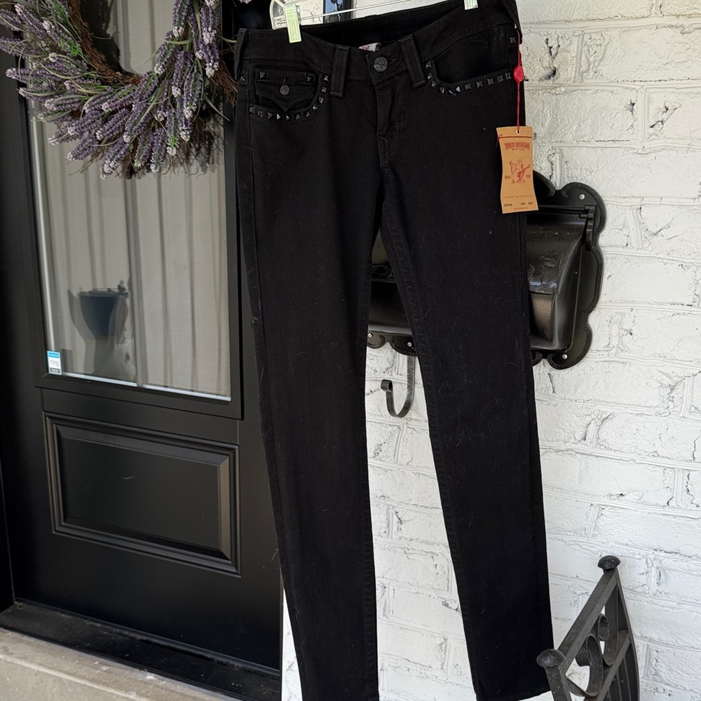 True Religion Women's Black Skinny Jeans - Studded Pocket Detail size 30
